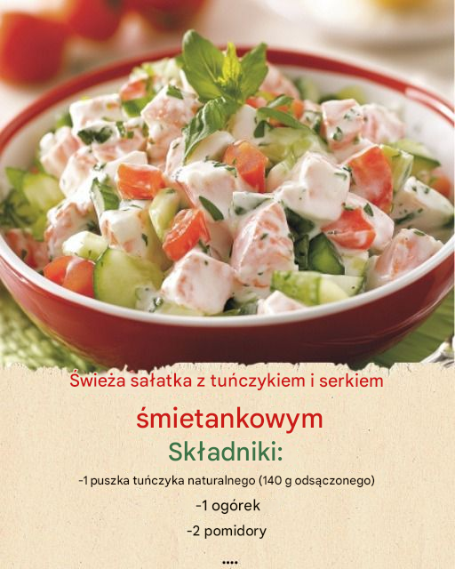 Świeża sałatka z tuńczykiem i serkiem śmietankowym Dla 2 osób Składniki : 1 puszka tuńczyka naturalnego (140 g odsączonego) 1 ogórek 2 pomidory 1 czerwona cebula zobacz resztę przepisu w pierwszym komentarzu👇👇