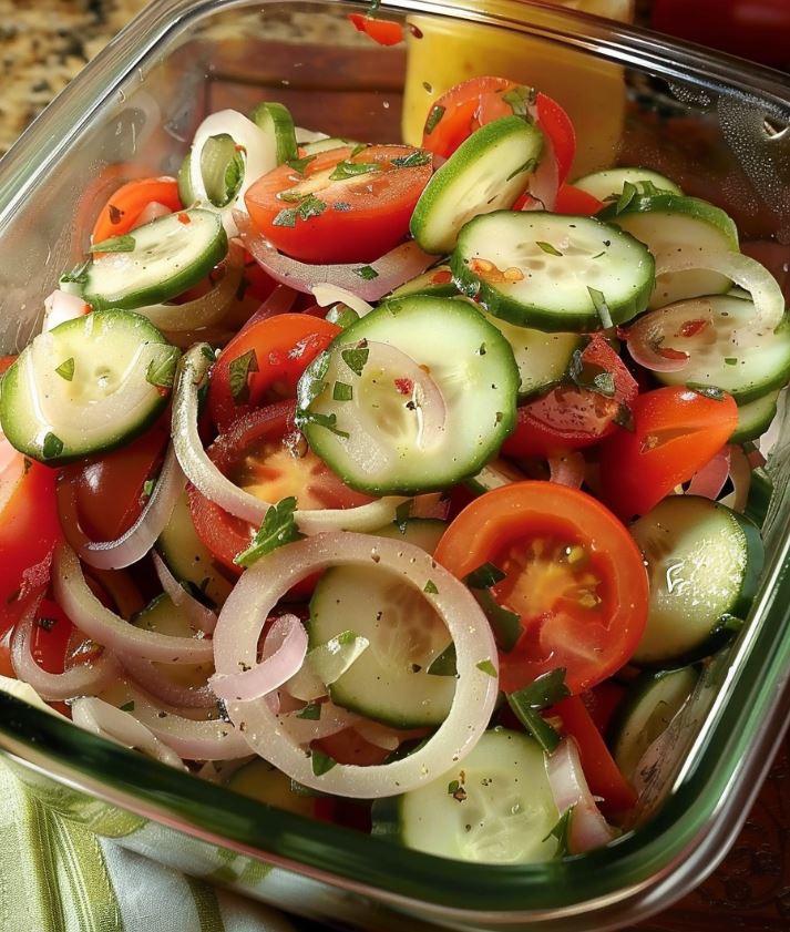 Sałatka z marynowanych ogórków, pomidorów i cebuli