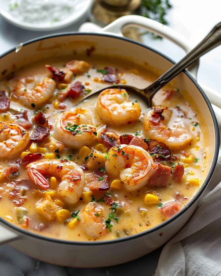 Sycąca zupa z boczkiem, krewetkami i kukurydzą