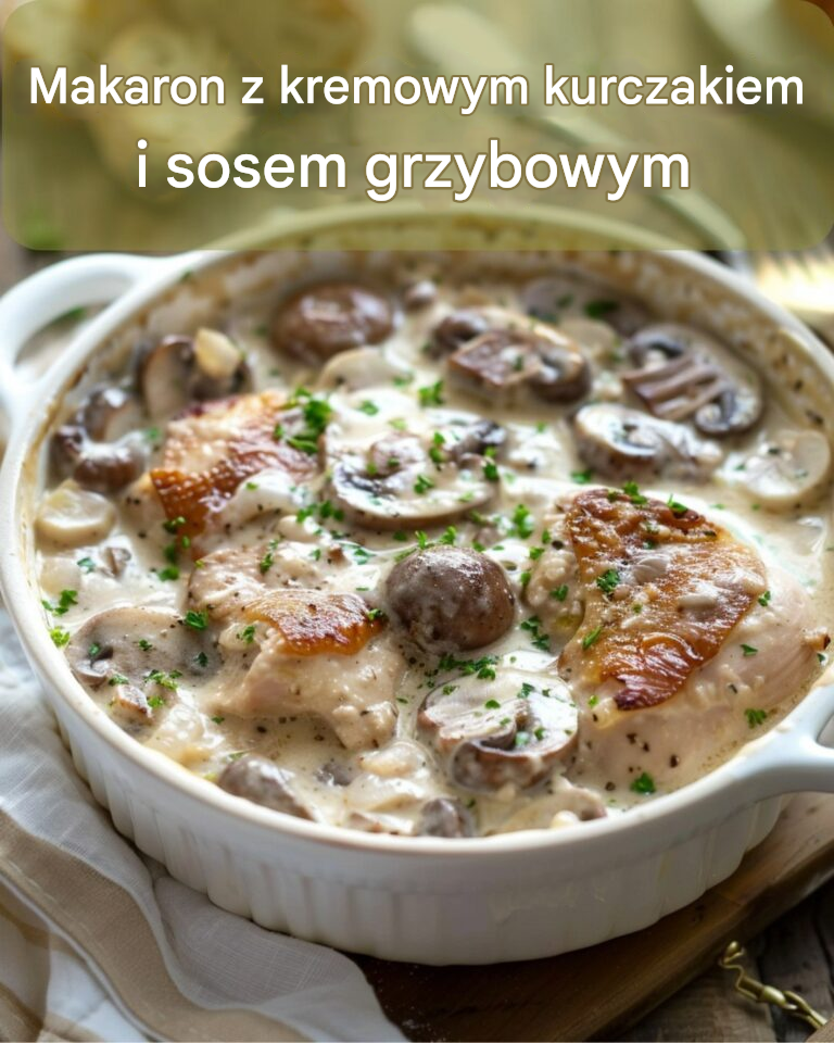 Makaron z kremowym kurczakiem i sosem grzybowym