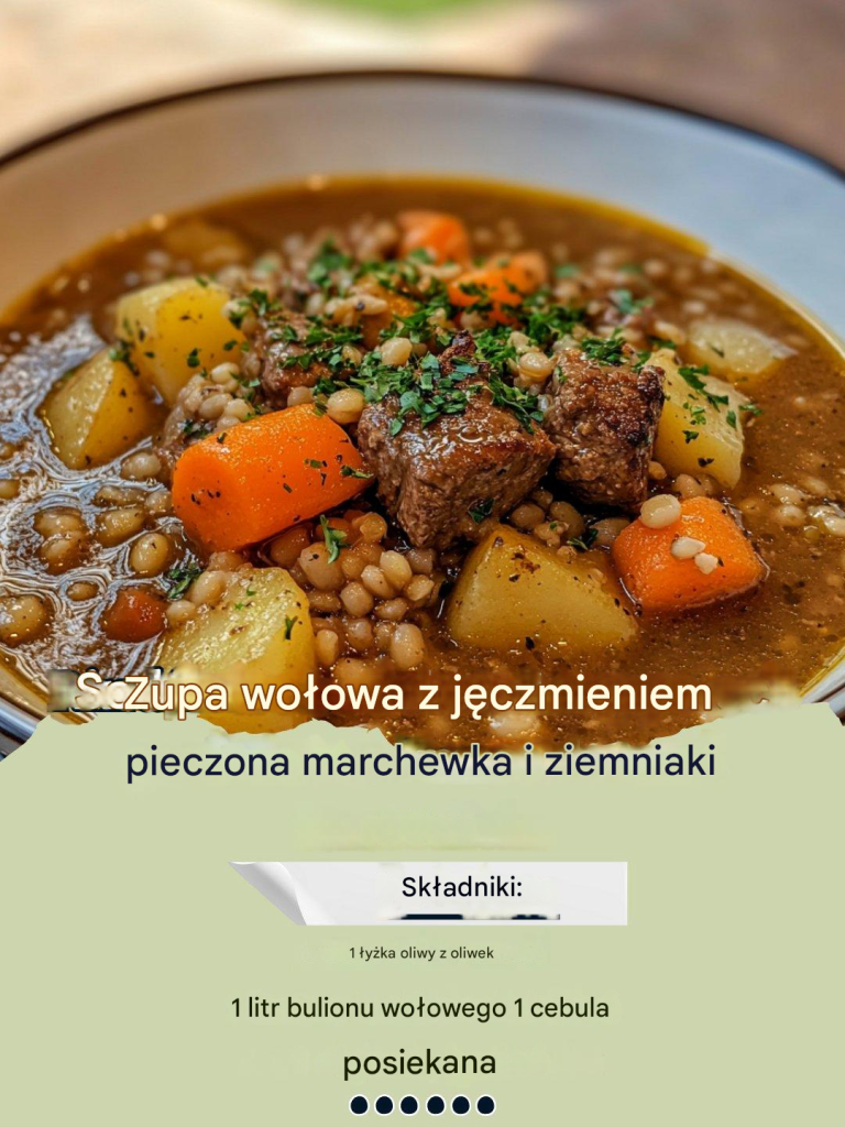 Zupa z wołowiną i jęczmieniem, pieczonymi marchewkami i ziemniakami